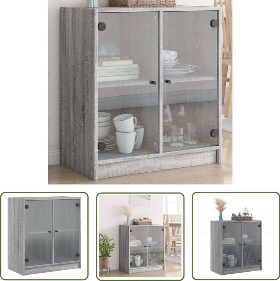 VidaXL Bijzetkast met glazen deuren 68x37x75 5 cm grijs sonoma eiken Bijzetkast Grijze Bijzetkast Houten Bijzetkast Sonoma Eiken Salontafel