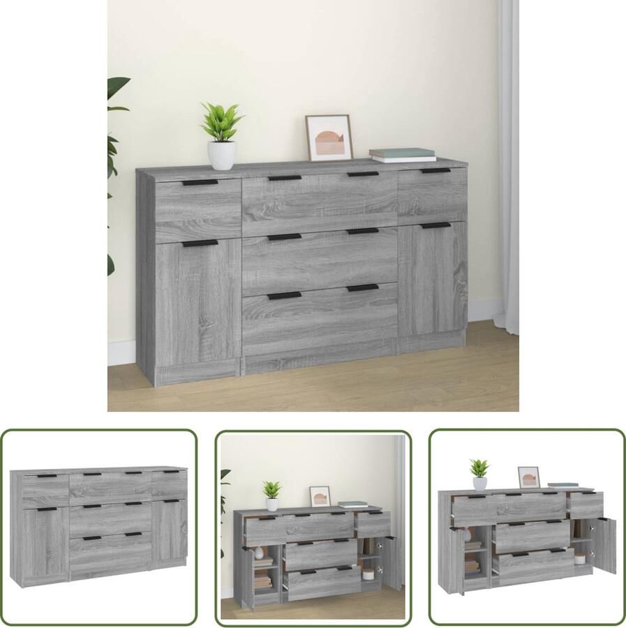 VidaXL Grijze Dressoir Dressoirset 3-delige Dressoirset bewerkt hout grijs sonoma eikenkleurig Sonoma Eiken Houten Dressoir Woonkamermeubel