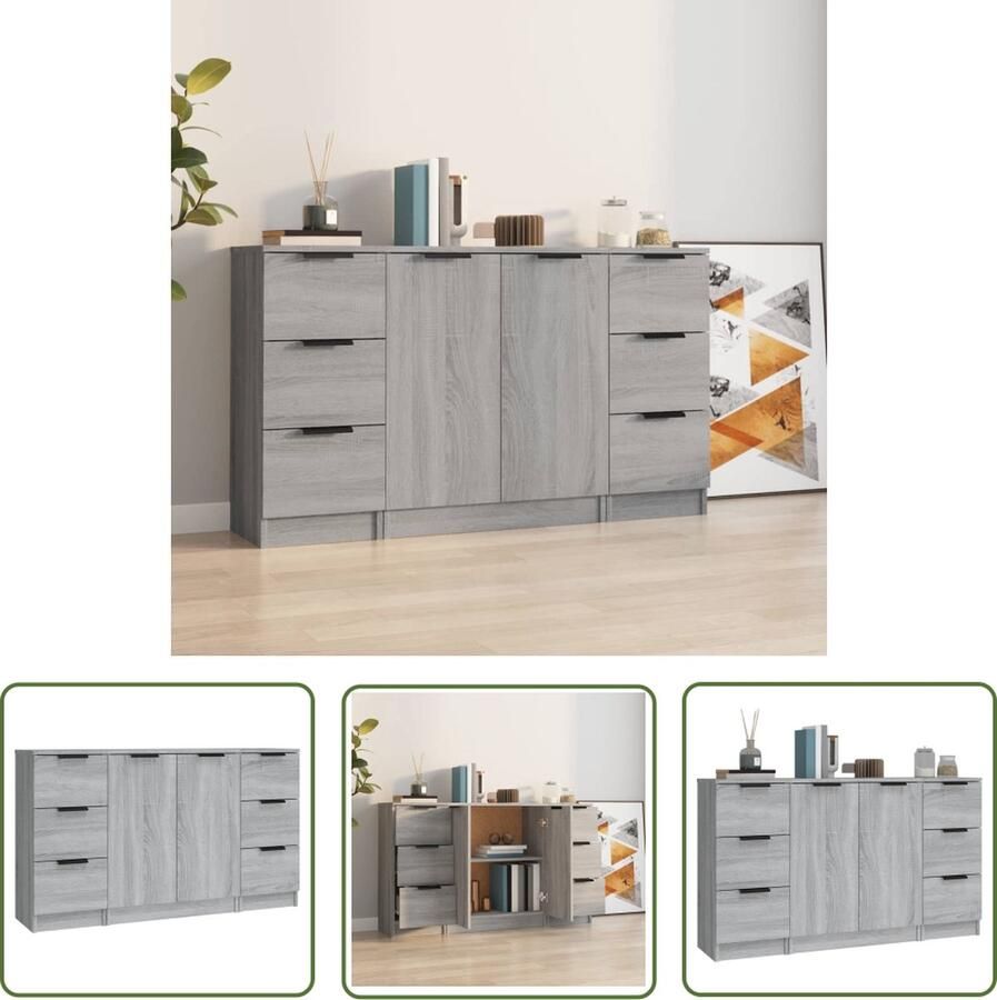The Living Store Dressoirs 3 st bewerkt hout grijs sonoma eikenkleurig Dressoir Houten Dressoir Grijze Dressoir Salontafel Tv Tafel - Foto 2