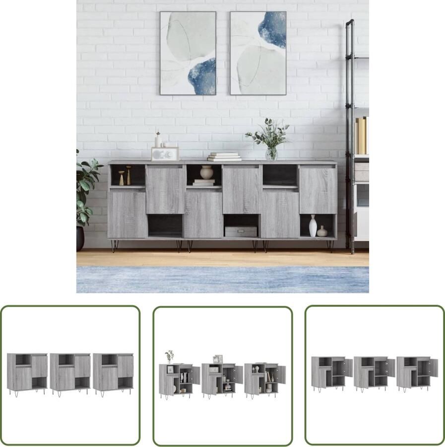 The Living Store Dressoirs 3 st bewerkt hout grijs sonoma eikenkleurig Dressoir Commode Houten Dressoir Grijze Dressoir Salontafel