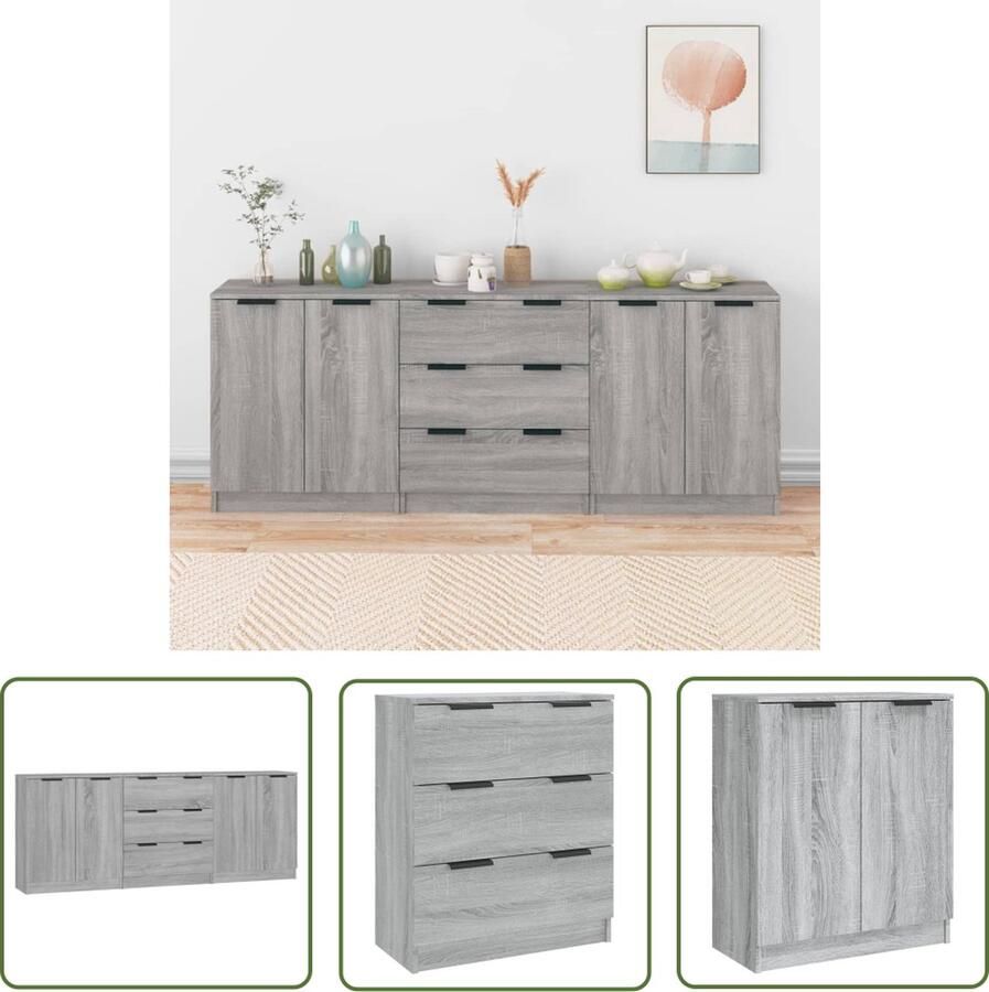 The Living Store 3-delige Dressoirs bewerkt hout grijs sonoma eiken Dressoir Grijze Dressoir Houten Dressoir Salontafel Tv Tafel