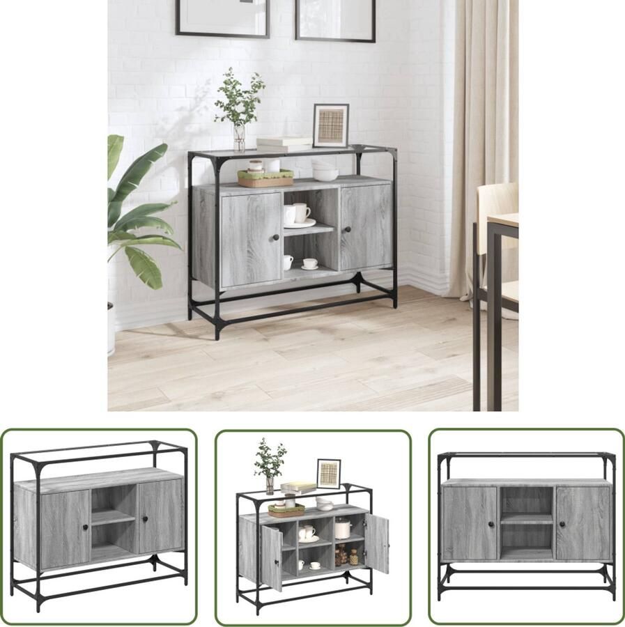 The Living Store Dressoir met glazen blad 98x35x81 cm bewerkt hout grijs sonoma Dressoir Bijzetkast Salontafel Houten Meubels Grijze Meubelen