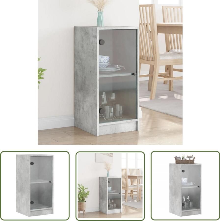 The Living Store Bijzetkast met glazen deuren 35x37x75 5 cm betongrijs Dressoir Bijzettafel Houten Kast Vintage Kast Opslagoplossing