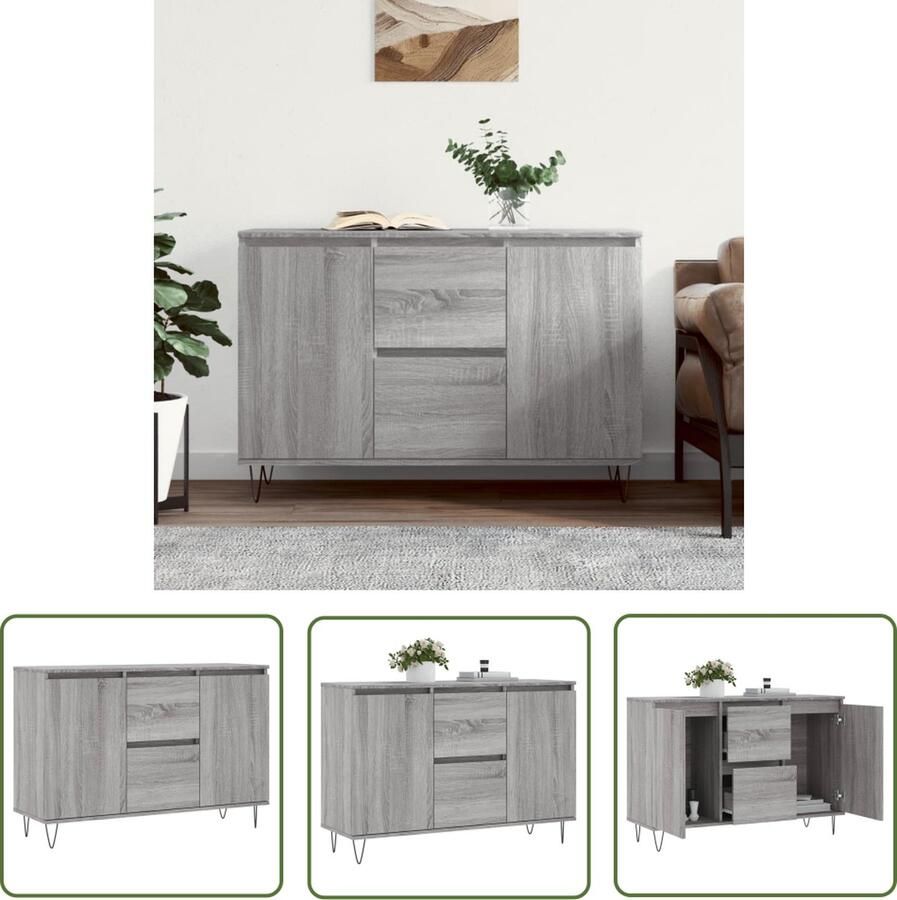 The Living Store Dressoir 104x35x70 cm bewerkt hout grijs sonoma eikenkleurig Dressoir Kast Opbergkast Salontafel Houten Meubel - Foto 2