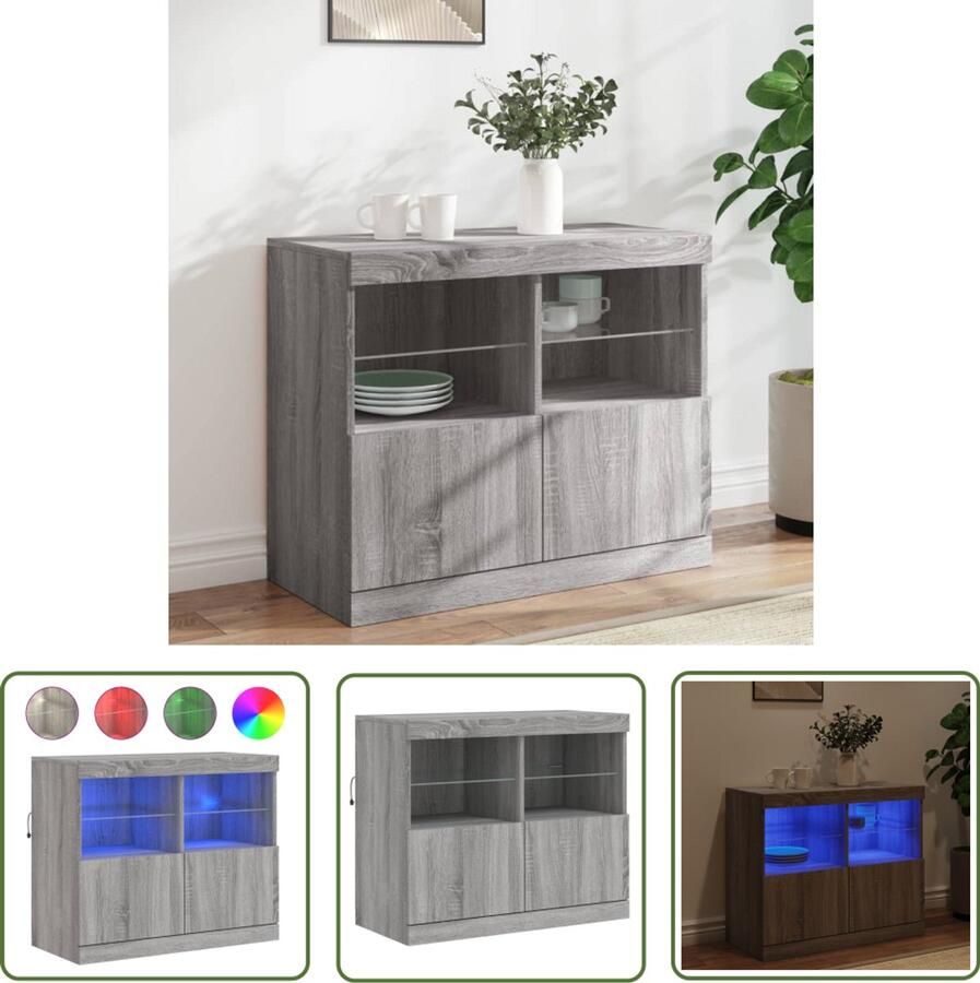The Living Store Dressoir met LED-verlichting 81x37x67 cm grijs sonoma eiken Dressoir Buffetkast Led Verlichting Modern Design Grijze Kast
