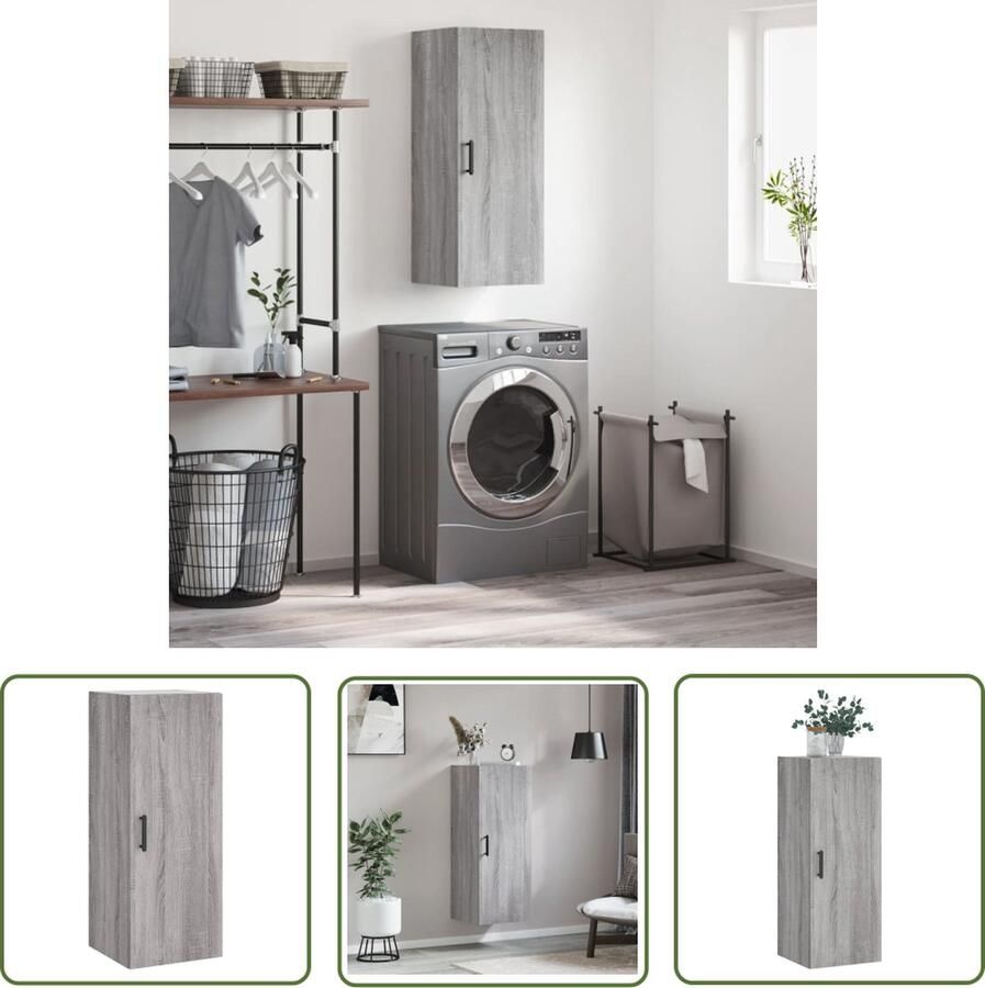 The Living Store Hangkast 34 5x34x90 cm grijs sonoma eikenkleurig Wandkast Opbergkast Houten Kast Grijze Kast Salontafel - Foto 2