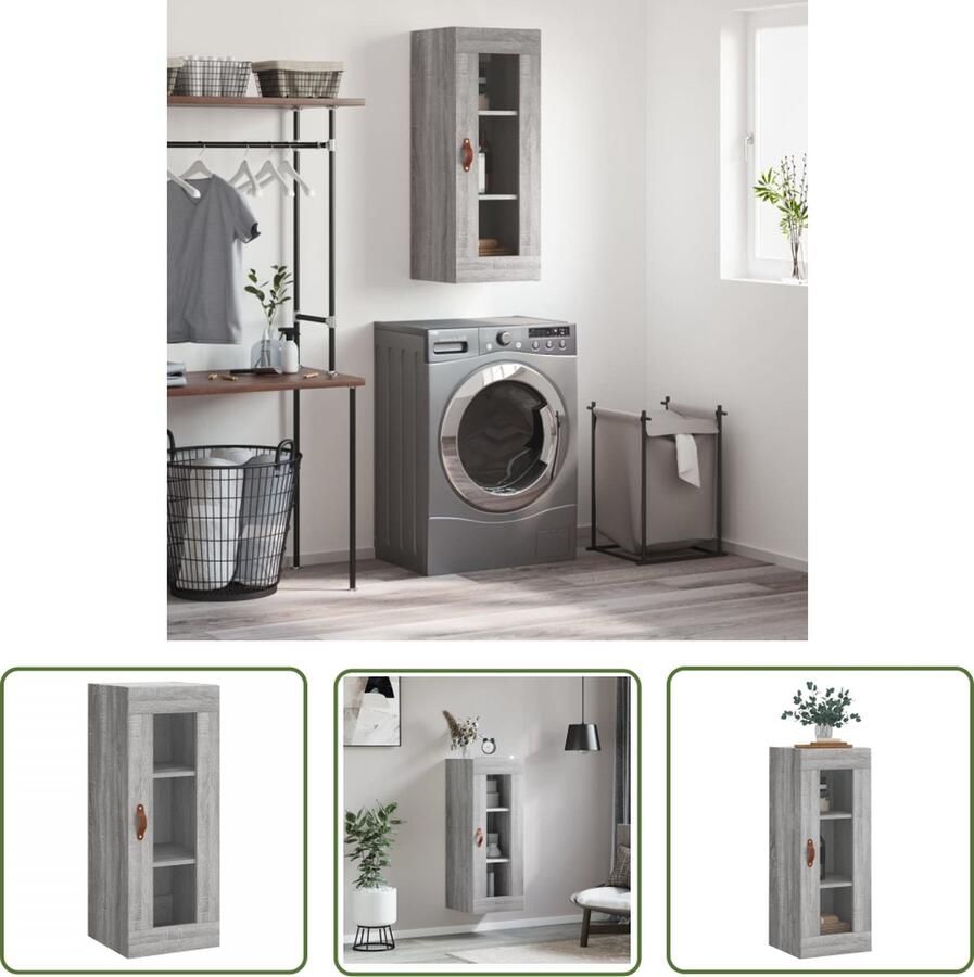 The Living Store Hangkast 34 5x34x90 cm grijs sonoma eikenkleurig Wandkast Grijze Kast Houten Kast Vitrinekast Opbergkast
