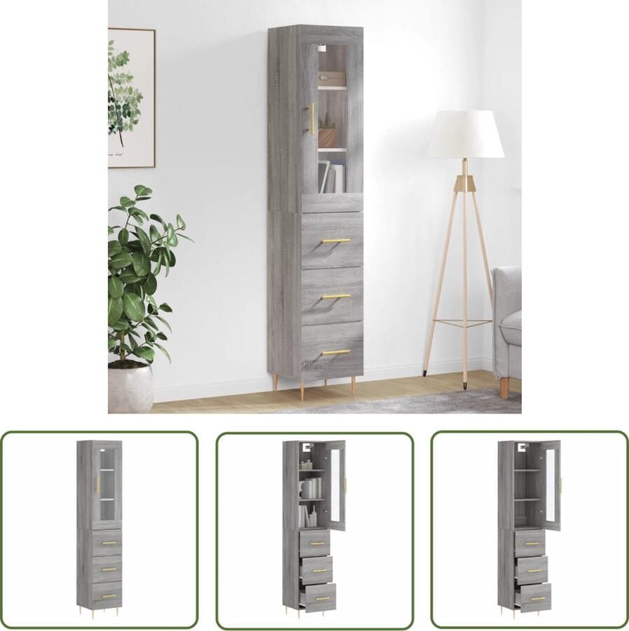 The Living Store Hoge kast 34 5x34x180 cm bewerkt hout grijs sonoma eikenkleurig Hoge Kast Houten Kast Grijze Kast Opslagoplossing Woonaccessoires - Foto 4