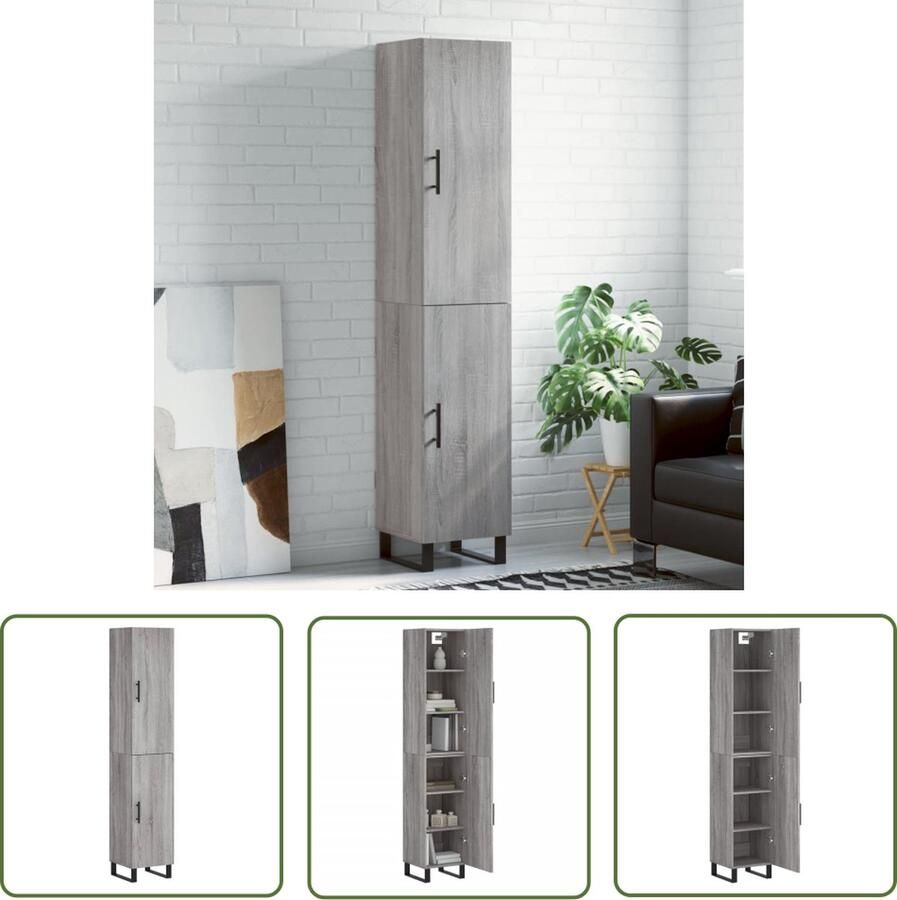 VidaXL Grijze Kast Hoge Kast Hoge kast 34 5x34x180 cm bewerkt hout grijs sonoma eikenkleurig Houten Kast Dressoir Opslagoplossing