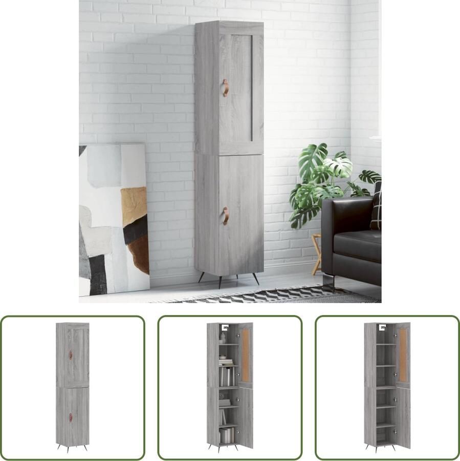 VidaXL Grijze Kast Hoge Kast Hoge kast 34 5x34x180 cm bewerkt hout grijs sonoma eikenkleurig Houten Kast Dressoir Buffetkast - Foto 2
