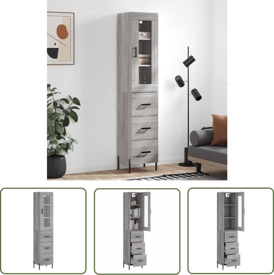 The Living Store Hoge kast 34 5x34x180 cm bewerkt hout grijs sonoma eikenkleurig Hoge Kast Grijze Kast Houten Kast Opslagoplossing Woonkamermeubel - Foto 3