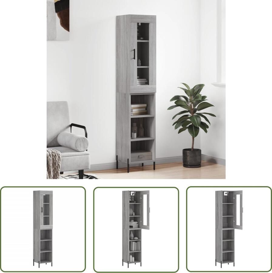 The Living Store Hoge kast 34 5x34x180 cm bewerkt hout grijs sonoma eikenkleurig Hoge Kast Opslagruimte Houten Kast Grijze Kast