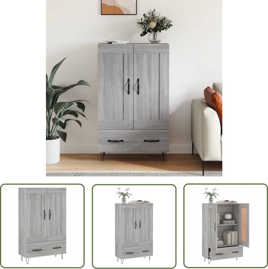 The Living Store Hoge kast 69 5x31x115 cm bewerkt hout grijs sonoma eikenkleurig Hoge Kast Grijze Kast Houten Kast Opslagoplossing Woonaccessoires