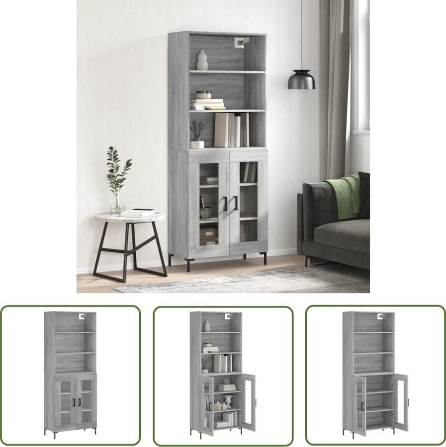 The Living Store Opbergkast Hoge Kast Grijs Sonoma Eiken 69.5 x 34 x 180 cm Duurzaam materiaal Voldoende opbergruimte Praktische deuren Metalen voeten Montage vereist