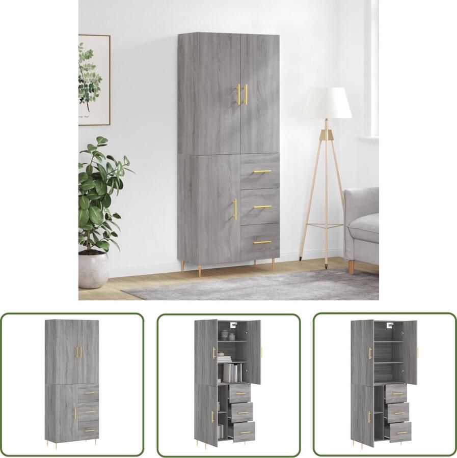 The Living Store Hoge kast 69 5x34x180 cm bewerkt hout grijs sonoma eikenkleurig Hoge Kast Grijze Kast Houten Kast Opslagoplossing Woonkamermeubel