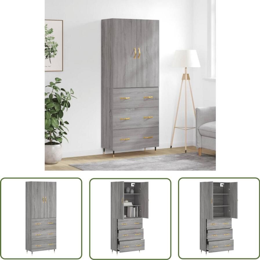 The Living Store Hoge kast 69 5x34x180 cm bewerkt hout grijs sonoma eikenkleurig Hoge Kast Grijze Kast Houten Kast Opslagkast Woonaccessoires