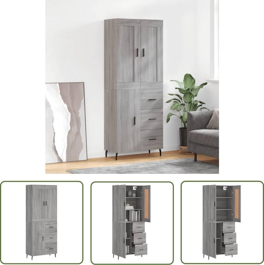 VidaXL Grijze Kast Hoge Kast Hoge kast 69 5x34x180 cm bewerkt hout grijs sonoma eikenkleurig Houten Kast Opslagoplossing Salontafel