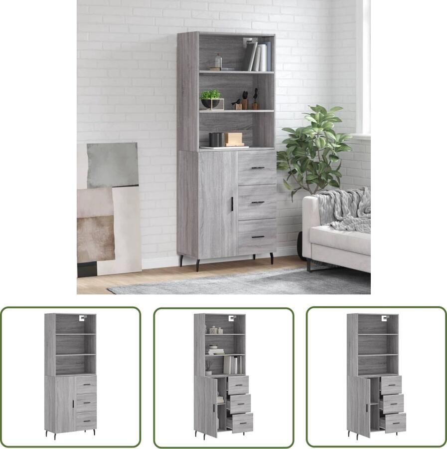 VidaXL Grijze Kast Hoge Kast Hoge kast 69 5x34x180 cm bewerkt hout grijs sonoma eikenkleurig Houten Kast Opbergkast Salontafel