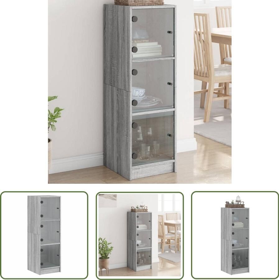 The Living Store Hoge kast met glazen deuren 35x37x109 cm grijs sonoma eiken Hoge Kast Met Glazen Deuren Grijze Kast Houten Kast Opbergkast