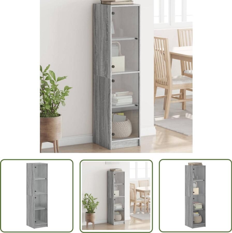 The Living Store Hoge kast met glazen deuren 35x37x142 cm grijs sonoma eiken Hoge Kast Houten Kast Opbergkast Vitrinekast Grijze Kast