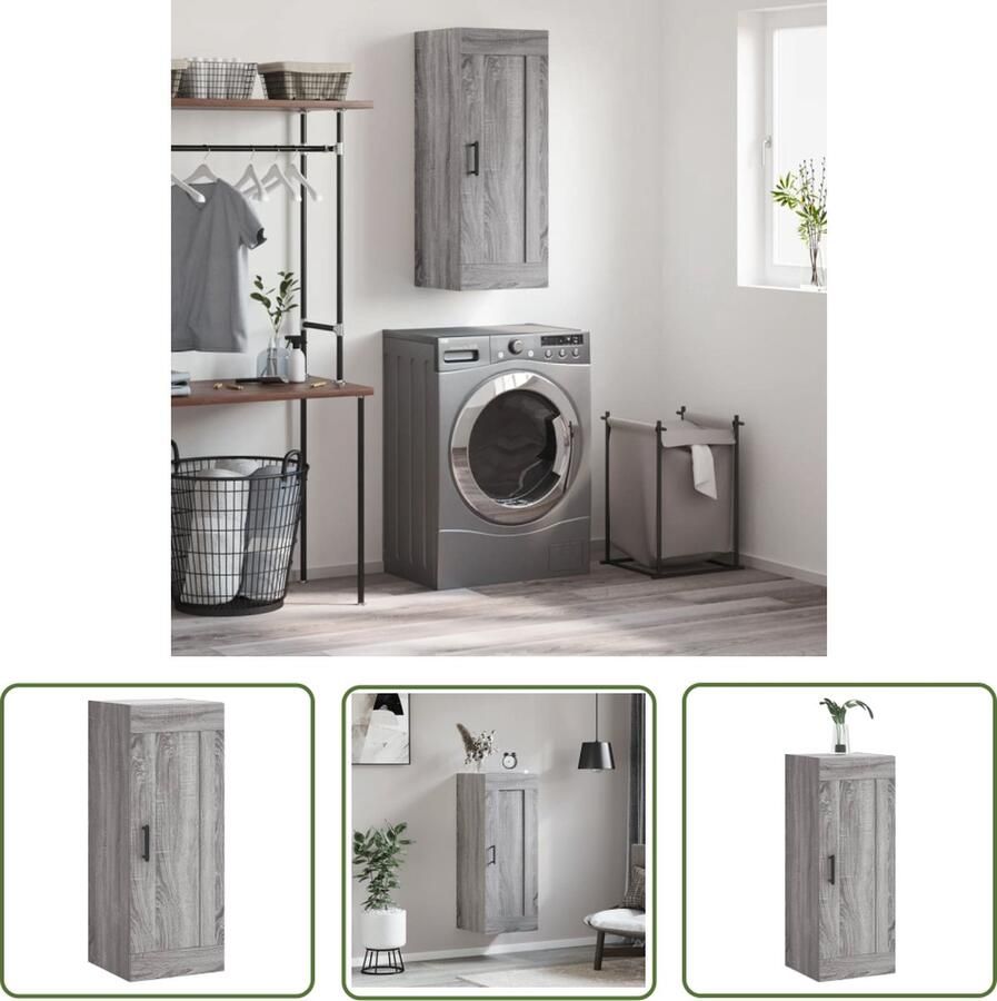The Living Store Wandkast 34 5x34x90 cm bewerkt hout grijs sonoma eikenkleurig Wandkast Opbergkast Grijze Kast Houten Kast Salontafel