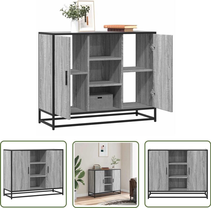 The Living Store Dressoir 92x35x76 cm bewerkt hout grijs sonoma eikenkleurig Dressoir Grijze Meubels Houten Dressoirs Salontafel Opslagmeubilair