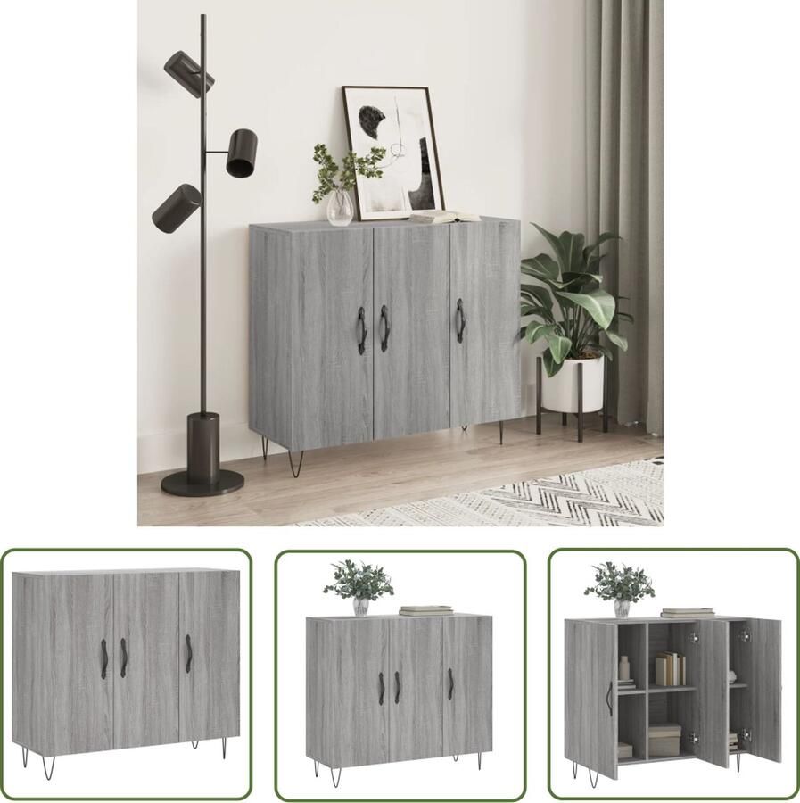 The Living Store Dressoir 90x34x80 cm bewerkt hout grijs sonoma eikenkleurig Dressoir Modern Dressoir Grijze Dressoirs Houten Dressoir Salontafel - Foto 3