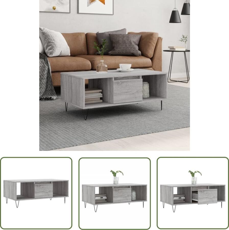 The Living Store Salontafel Grijs Sonoma Eiken 90 x 50 x 36.5 cm Met Lade en Vakken Salontafel Grijze Salontafel Houten Salontafel Design Salontafel Modern Salontafel
