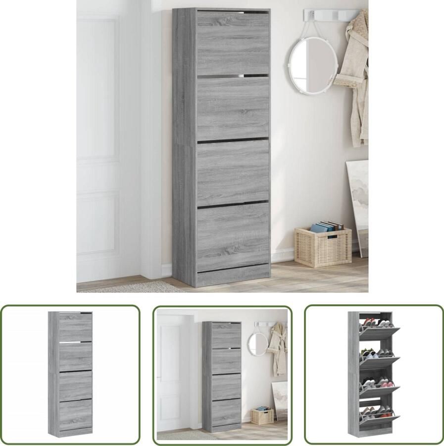VidaXL Grijze Schoenenkast met 4 klaplades 60x34x187 5 cm grijs sonoma Schoenen Rek Houten Schoenenkast Compact Schoenenkast