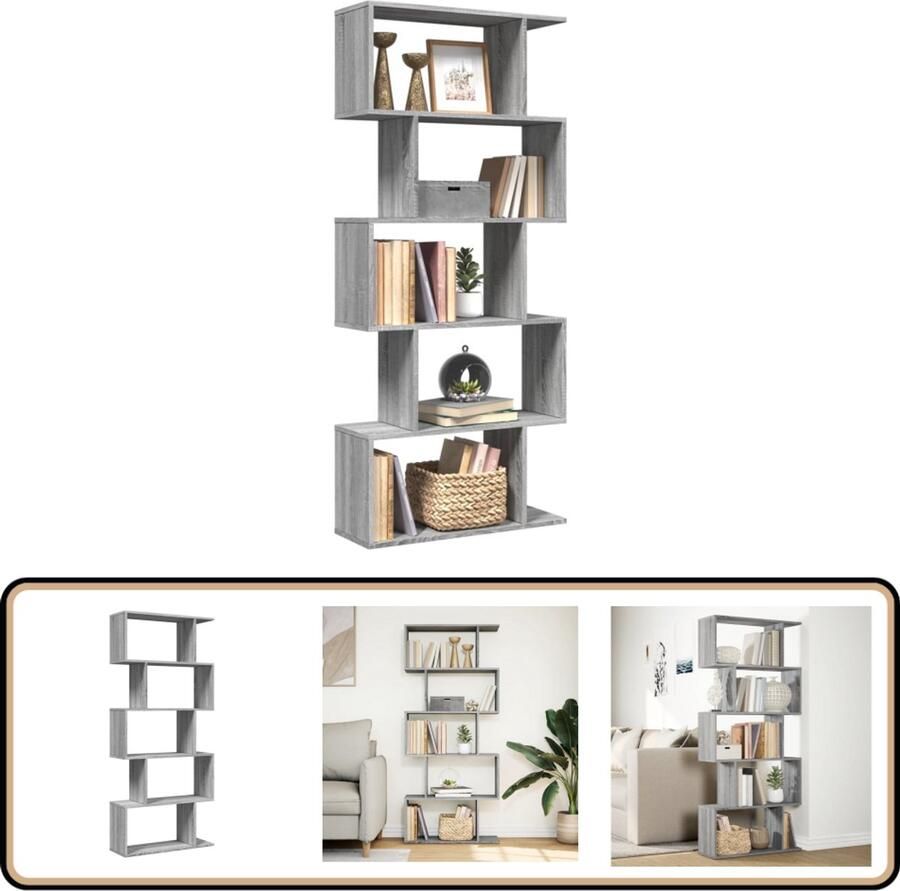 The Living Store Kamerscherm boekenkast 5-laags 70x24x161 cm hout grijs sonoma Boekenkast Kamerscherm Houten Boekenkast Grijze Boekenkast Opbergkast - Foto 2