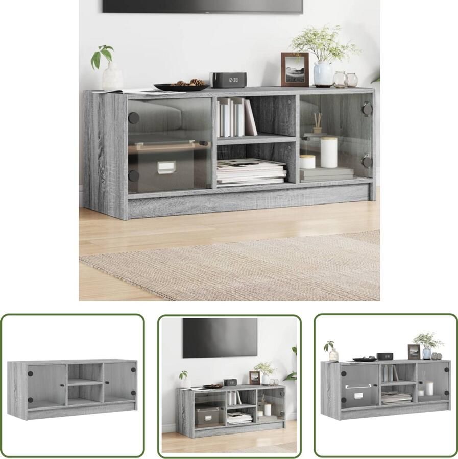 VidaXL Grijze Tv-standaard Tv-meubel met glazen deuren 102x37x42 cm grijs sonoma eiken Houten Tv-meubel Salontafel Mediabox