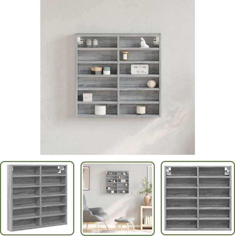 The Living Store Vitrinekast 60x8 5x58 cm bewerkt hout grijs sonoma eikenkleur Vitrinekast Displaykast Woonkamerdecoratie Slaapkamermeubilair Grijze Meubels - Foto 2