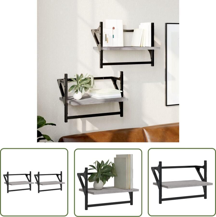 The Living Store Wandschappen met stangen 2 st 40x25x30 cm grijs sonoma eiken Zwevende Wanden Wanddecoratie Houten Wandplanken Grijze Meubels Salon Accessoires - Foto 2