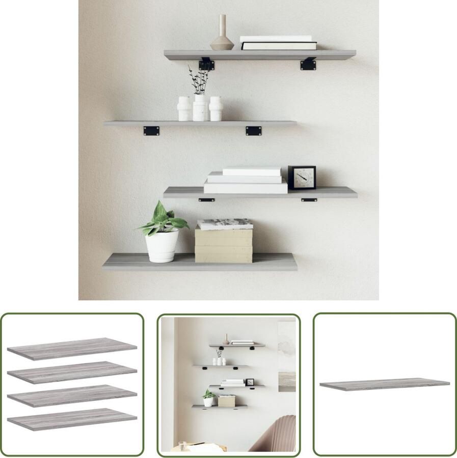 The Living Store Wandschappen 4 st 60x20x1 5 cm bewerkt hout grijs sonoma eiken Zwevende Wandplanken Wanddecoratie Opbergwand Bergruimte Grijze Wandplank - Foto 2