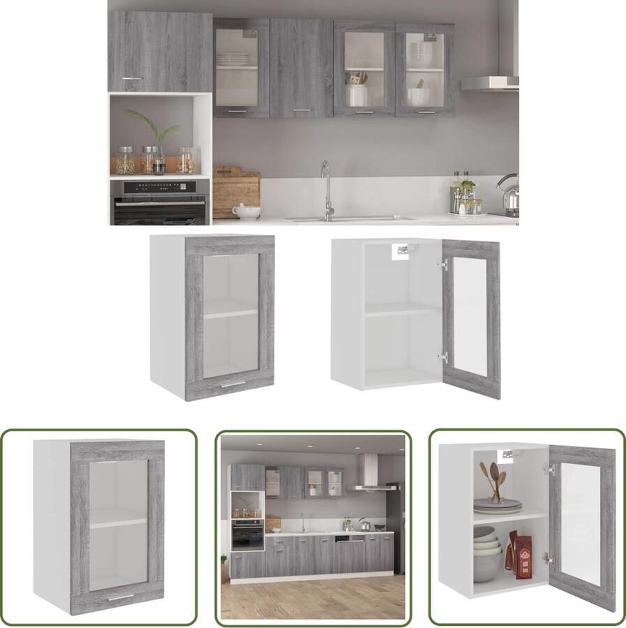 The Living Store Wandkast 40x31x60 cm glas en bewerkt hout grijs sonoma eiken Wandkast Keuken Houten Kast Opslagruimte Grijze Kast