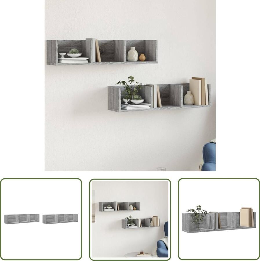 The Living Store Wandkasten 2 st 75x18x16 5 cm bewerkt hout grijs sonoma eiken Zwevende Wandkast Wanddecoratie Opbergkast Houten Kast Grijze Kast
