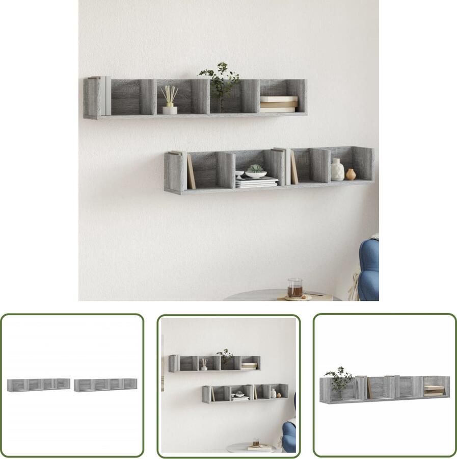 The Living Store Wandkasten 2 st 99x18x16 5 cm bewerkt hout grijs sonoma eiken Zwevende Wandkast Wanddecoratie Opbergkast Houten Kast Grijze Kast
