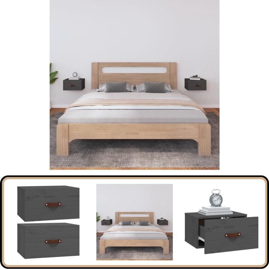 VidaXL Grijze Wandnachtkastjes Set van 2 Wandlamp Nachtkastje Grenoble Hout Houten Kast Slaapkamer Decoratie Minimalistische Meubels Compact Meubel Opbergvak