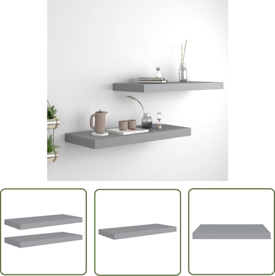 The Living Store Wandschappen zwevend 2 st 60x23 5x3 8 cm MDF grijs Wandplank Zwevende Plank Wandendecoratie Opbergruimte Interieurstyling