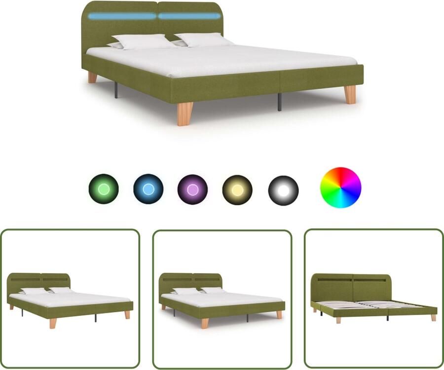 The Living Store Bedframe-Groen-Hout en IJzer-208x185x80cm-Levendige LED-strip Bed Frame Groene Bedbank Led Bedframe Metal Bedframe Houten Bedframe