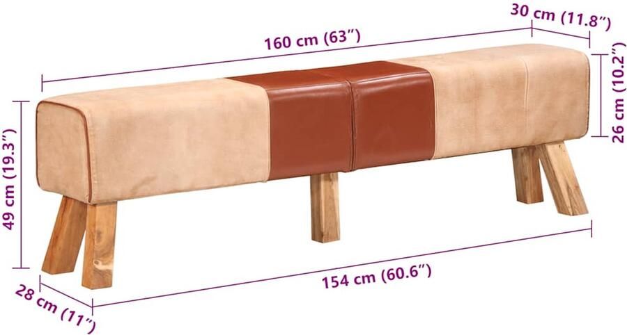 The Living Store Gymbank Bruin Canvas en Geitenleer 160 x 30 x 49 cm Massief Acaciahout Gymbank Fitnessbank Trainingbank Home Gym Krachttraining - Foto 2