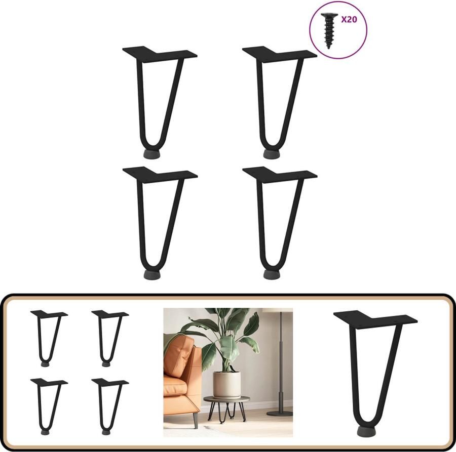 VidaXL Zwarte Tafelpoten Salontafel Potten Haarnadelpoten voor Salontafel 4 st 20 cm massief staal zwart Metalen Tafelpoten Hairpin Table Legs Industriële Tafelpoten