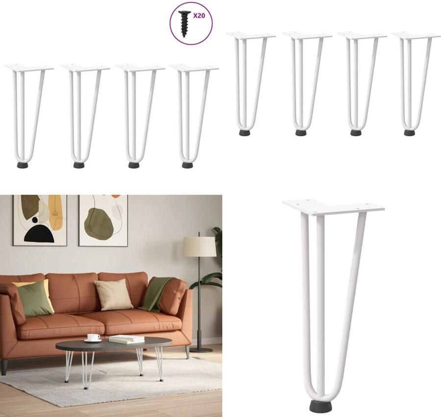 VidaXL Haarspeld tafelpoten 4 st 30 cm massief staal wit Haarspeld Tafelpoot Haarspeld Tafelpoten Haarspeldpoot Salontafelpoot