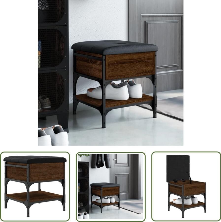 The Living Store Schoenenbank 42x42x45 cm bewerkt hout bruin eikenkleur Schoenenbankje Schoenenbankjes Halbankje Opbergbankje