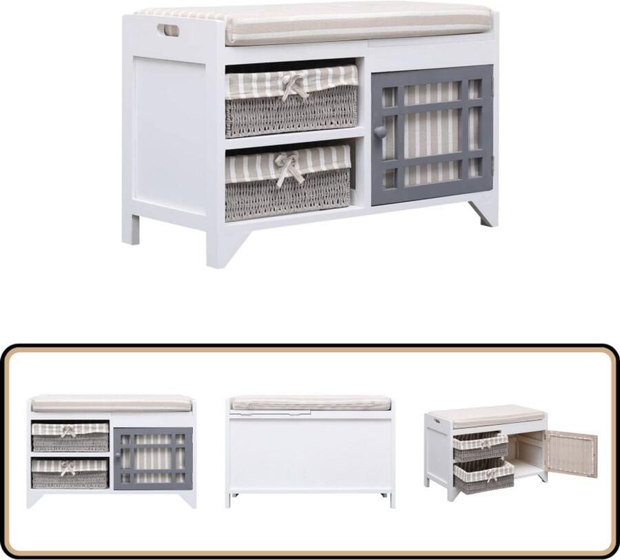 The Living Store Halbank Hout Paulowniahout en MDF 70 x 33.5 x 45 cm Wit en Bruin Halbank Ingangbank Bankje Zitbank Houten Bank - Foto 2