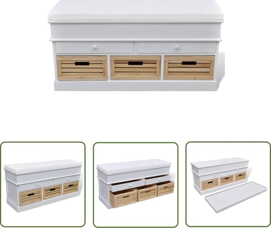 The Living Store Opbergbankje halbank met kussen 2 lades en 3 kratten Opslag Bank Halbank Bankschijf Houten Bank Wit Meubilair - Foto 2