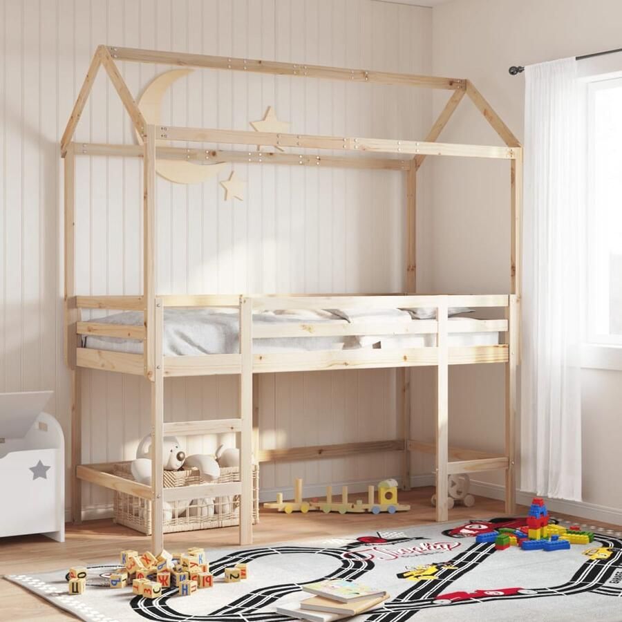 VidaXL Halfhoogslaper met huisje Grenenhout 90x200 Kinderkamermeubilair Halfhoogslaper Bunkbed Loftbed Kidsbed Bruine Bed Hout Bed Grenenhouten Bed Kinderbed - Foto 2