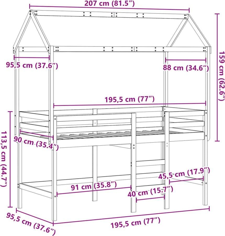 VidaXL Halfhoogslaper met ladder en bedhuis grenenhout 90x190 cm - Foto 5