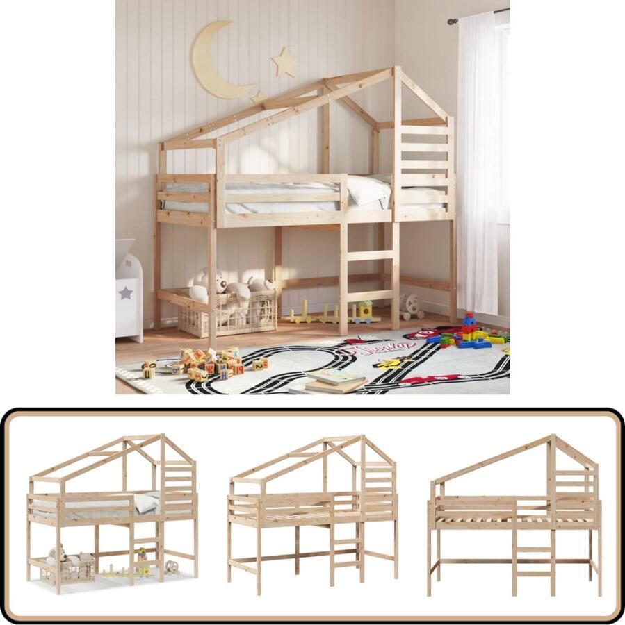 VidaXL Halfhoogslaper met ladder en bedhuis grenenhout 90x200 cm