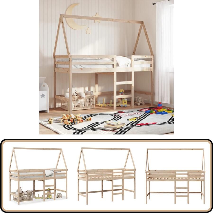 VidaXL Halfhoogslaper met ladder en bedhuis grenenhout 90x200 cm